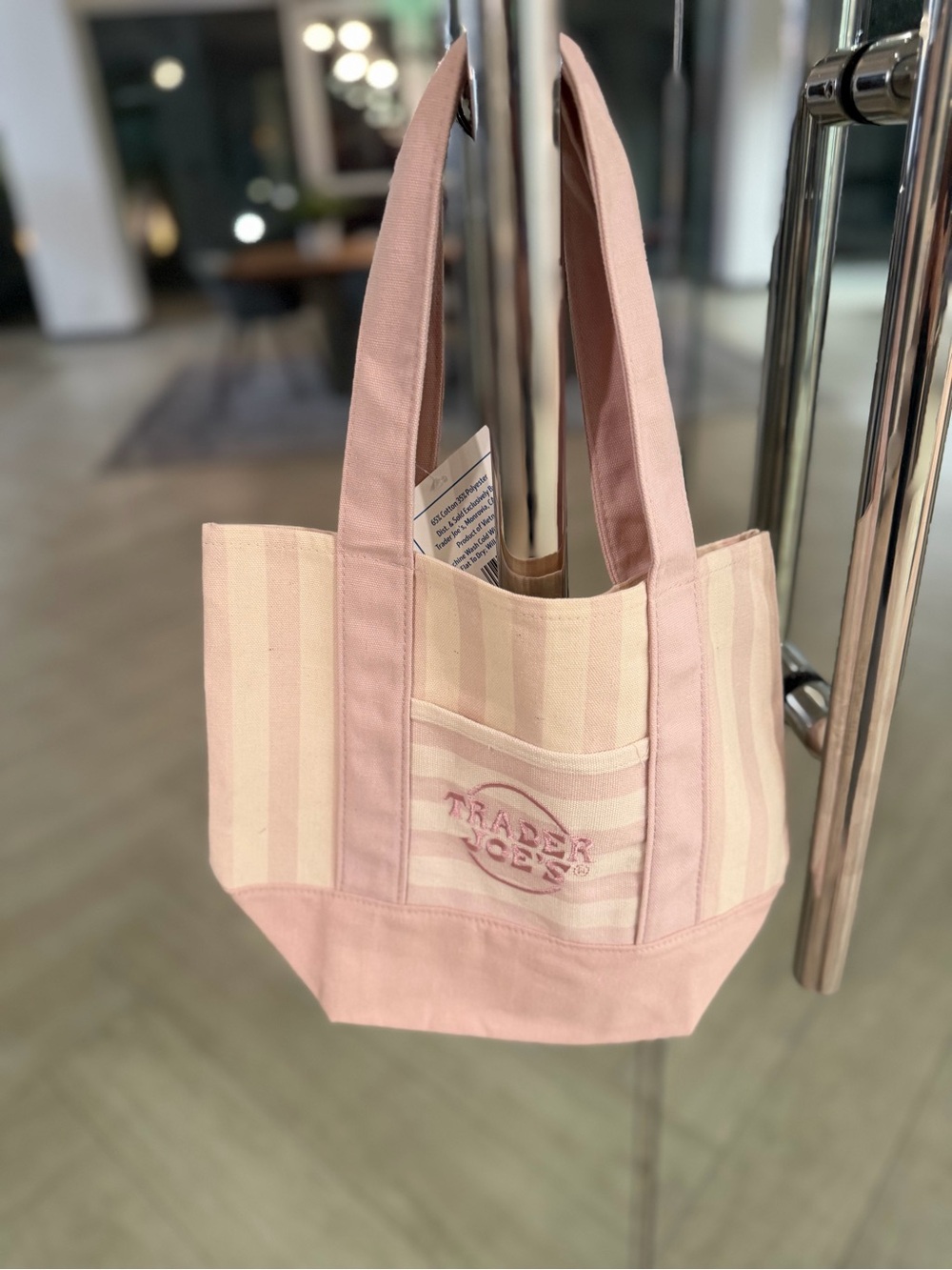 NWT Trader Joes Pastel Pink Striped Mini Tote Bag
